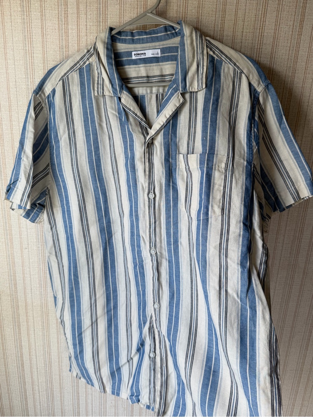 Sonoma Blue and White Vertical Stripe Short-Sleeve Button-Down